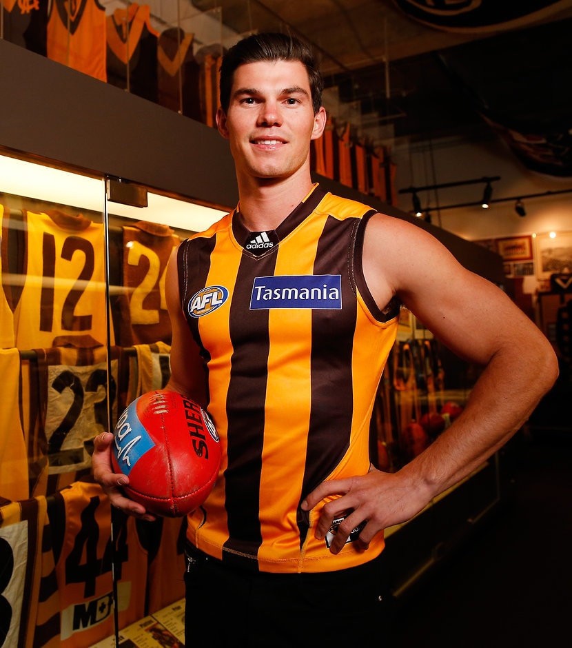AFL 2016 Media - Jaeger O'Meara Press Conference MELBOURNE, AUSTRALIA - OCTOBER 20: New Hawks recruit Jaeger O'Meara poses for a photograph during a Hawthorn Hawks press conference at the Ricoh Centre in Melbourne, Australia on October 20, 2016. (Photo by Michael Willson/AFL Media)